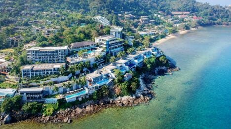 Aerial-view-of-resort-and-ocean-of-Cape-Sienna-Phuket-Gourmet-Hotel